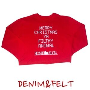 Home Alone Licensed Red Christmas “Filthy Animal” Long Sleeve Crop Top Sweater🎄